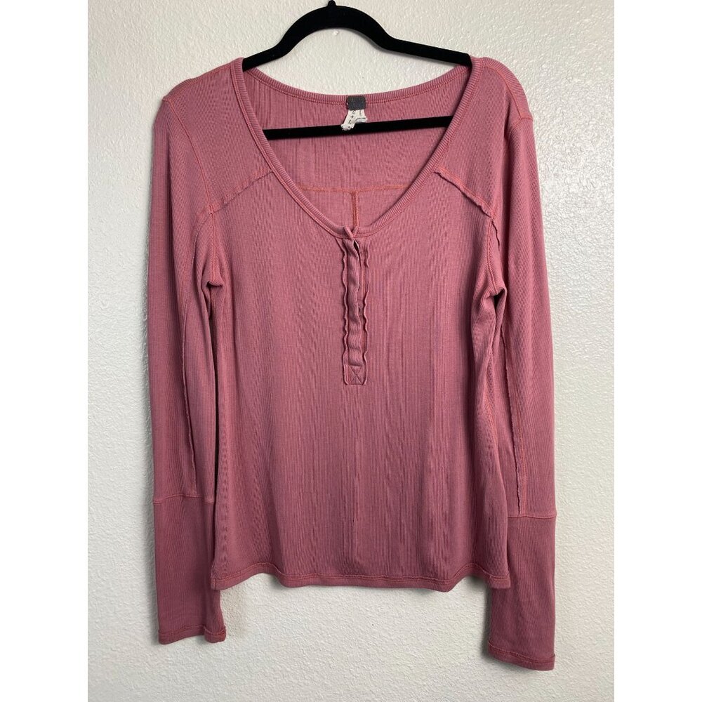 Free People Womens Ribbed V-Neck Long Sleeve Sweater size Large Blush Pink
